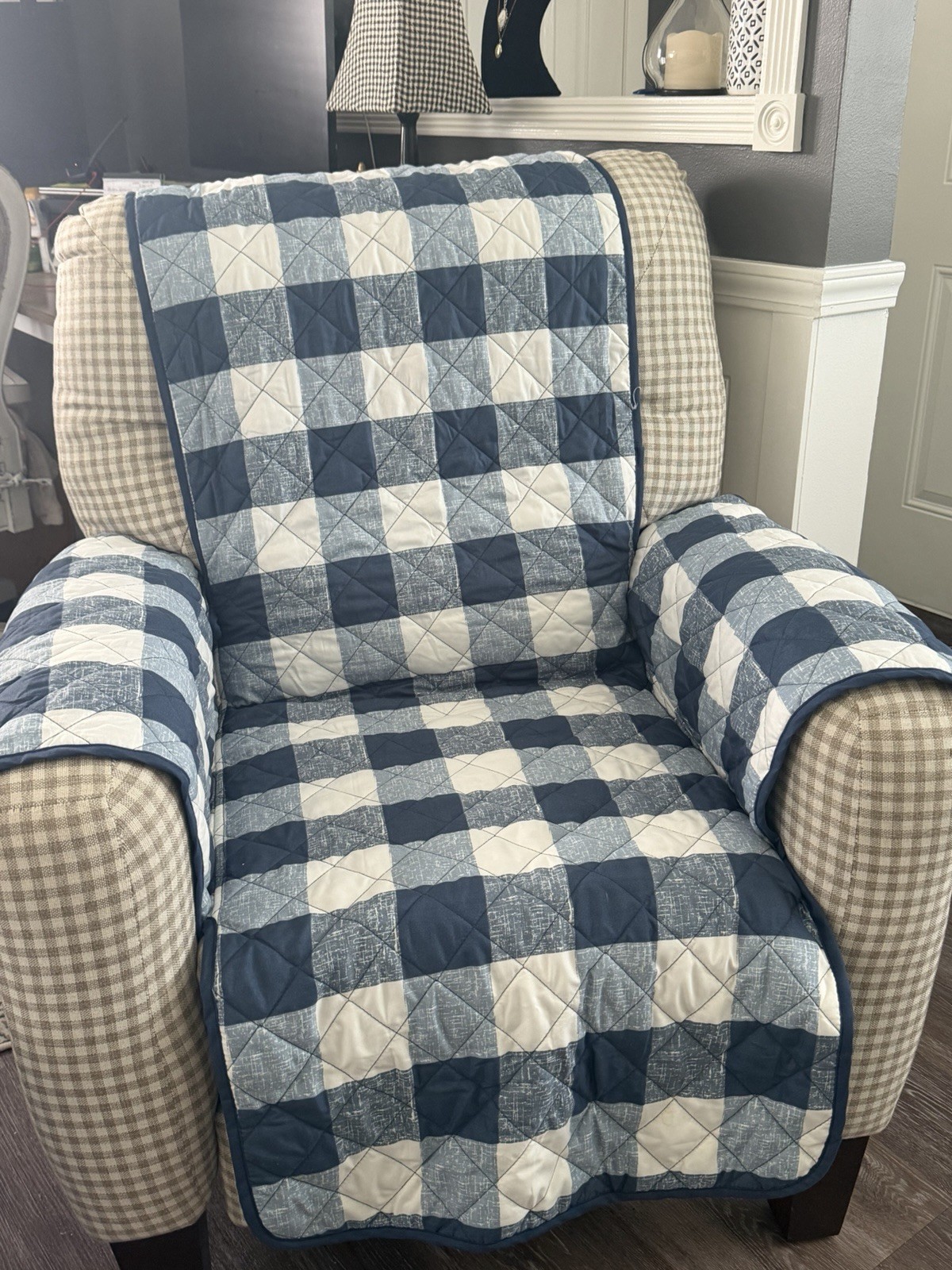 Blue White Buffalo Check Quilted Recliner Furniture Cover Protector 75×65