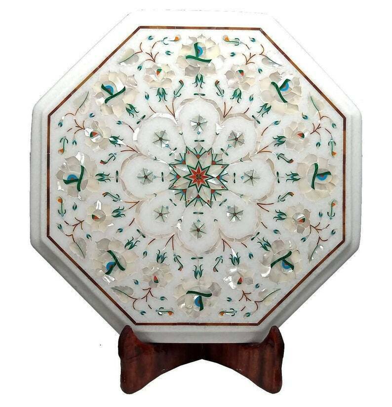 18” white Marble Table Top center Coffee Antique mosaic Inlay lapis decor q73