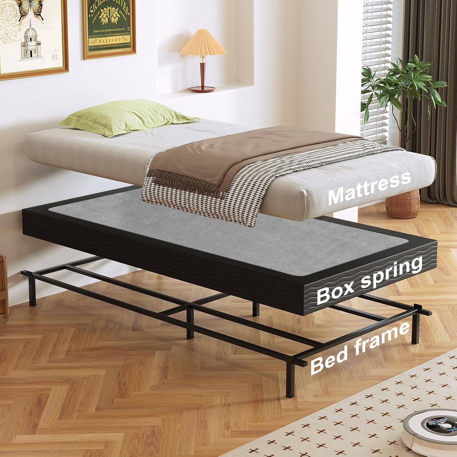 Box Spring, Metal Frame Mattress Foundation with Fabric Cover, Easy Assembly,