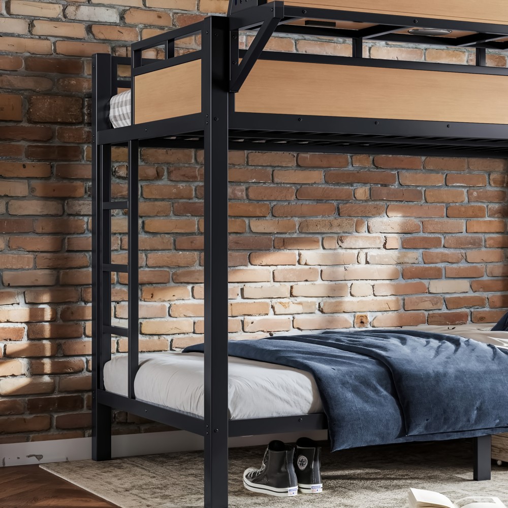 Twin XL over Twin XL Size Metal Bunk Bed with Storage Shelves and Pegboard