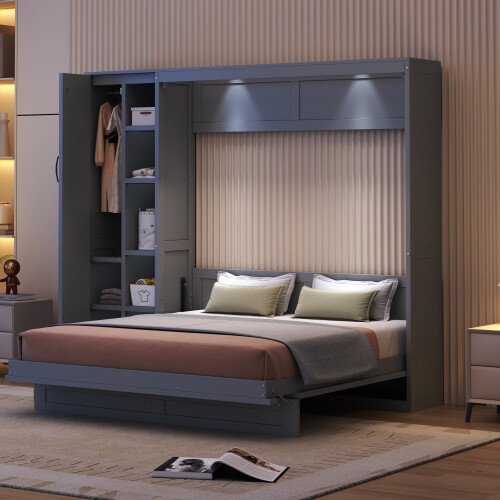 Full Queen Size Murphy Bed Wall Beds with Wardrobe Storage Shelves & LED Lights