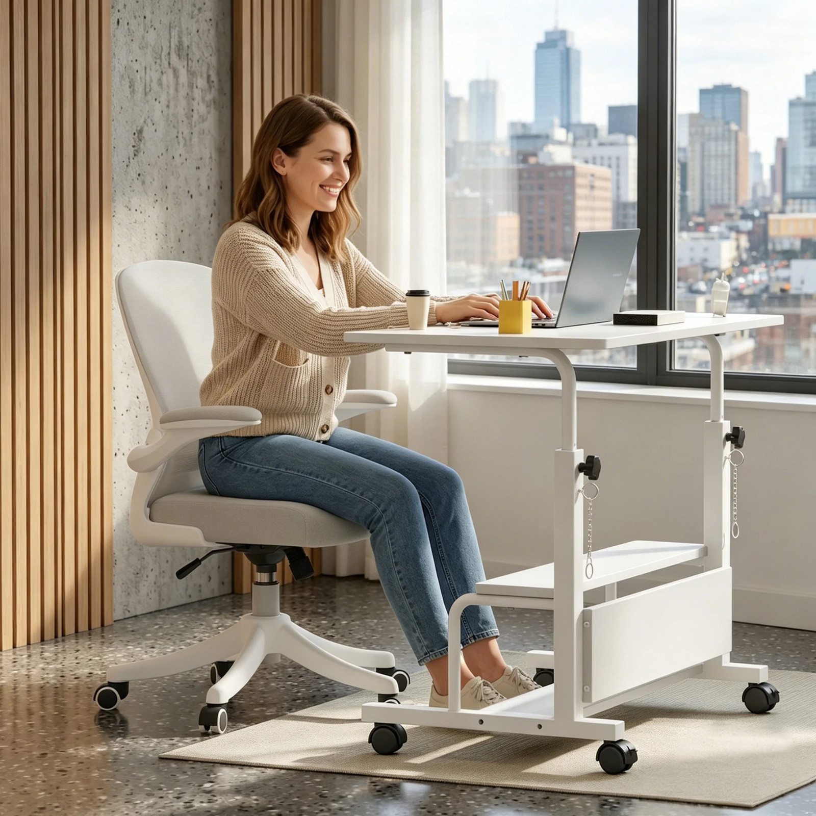 31.5” Adjustable Height Rolling Computer Desk with Storage Shelves, Portable