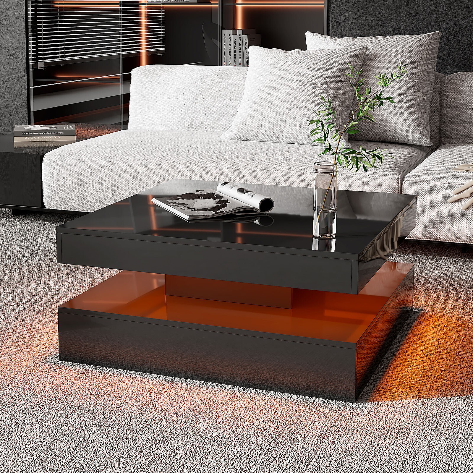 Square Coffee Table with LED Lights High Gloss Center Cocktail Table 2-Tier Whit