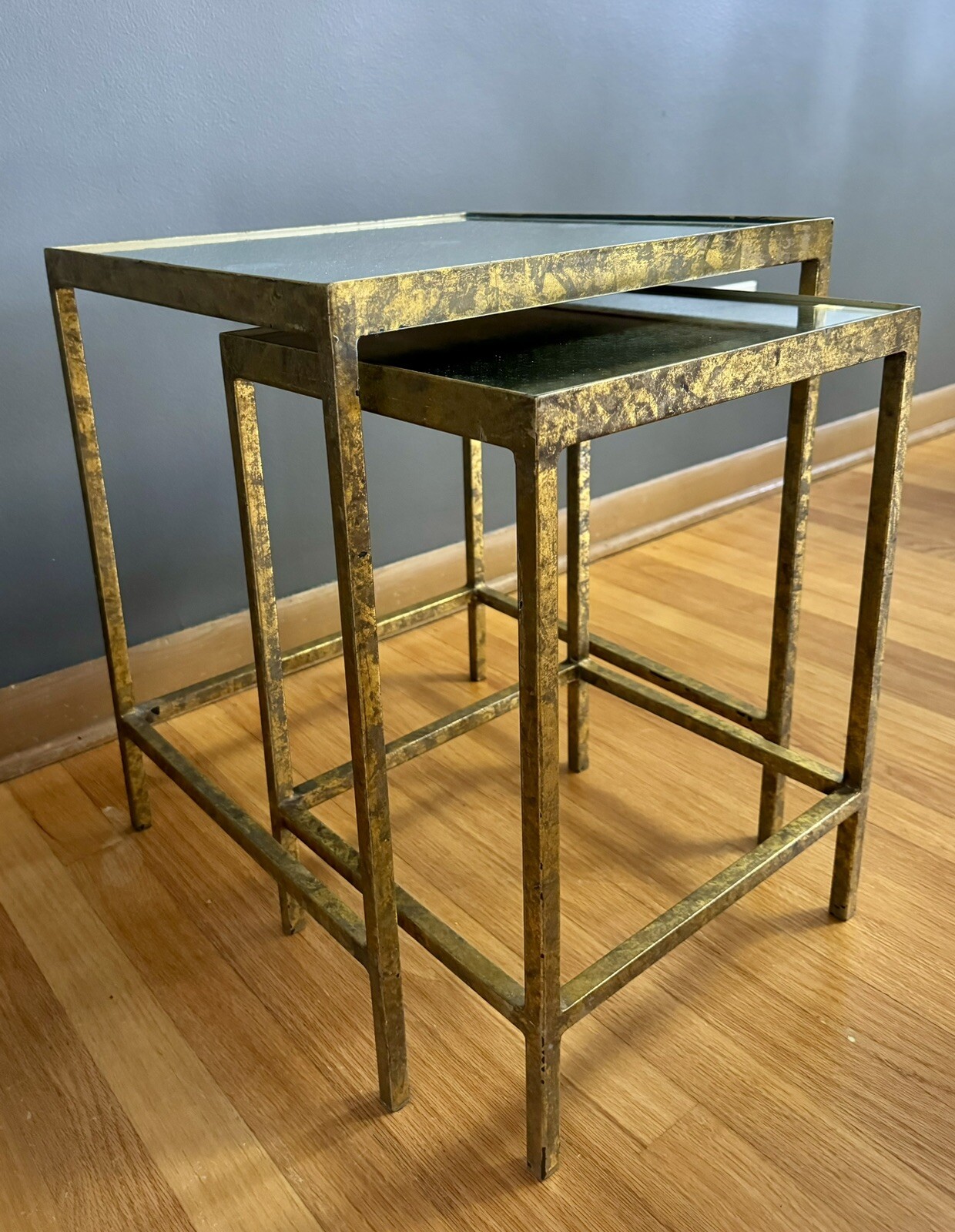 Maison Style Nesting Tables Patinated Gold Iron Antiqued Mirror Tops MCM