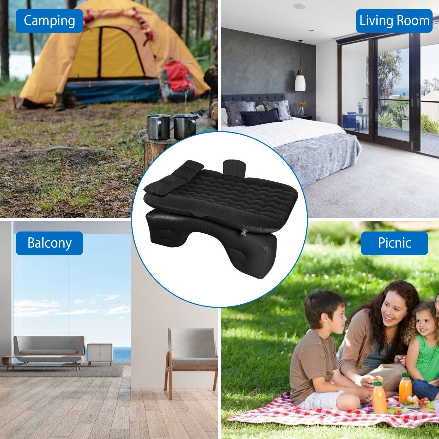Inflatable Travel Car Air Mattress Back Seat Bed and Rest W/Pillows Pump and Bag