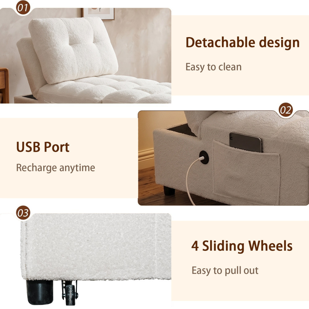 Single Sofa Bed Without Armrests, Soft Teddy Fabric Texture, Skin-friendly
