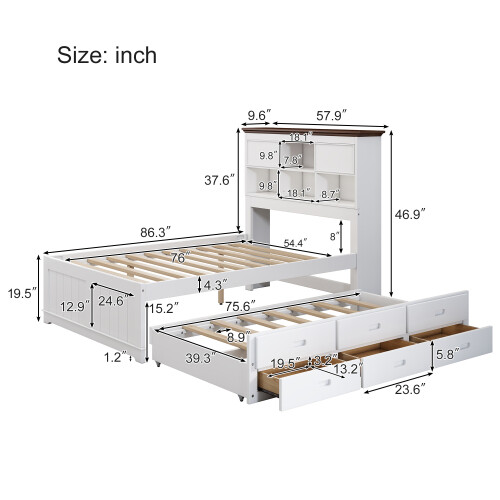 Solid Wood Bedroom Sets Captain Bed with Trundle & 3 Drawers Bookcase Headboard