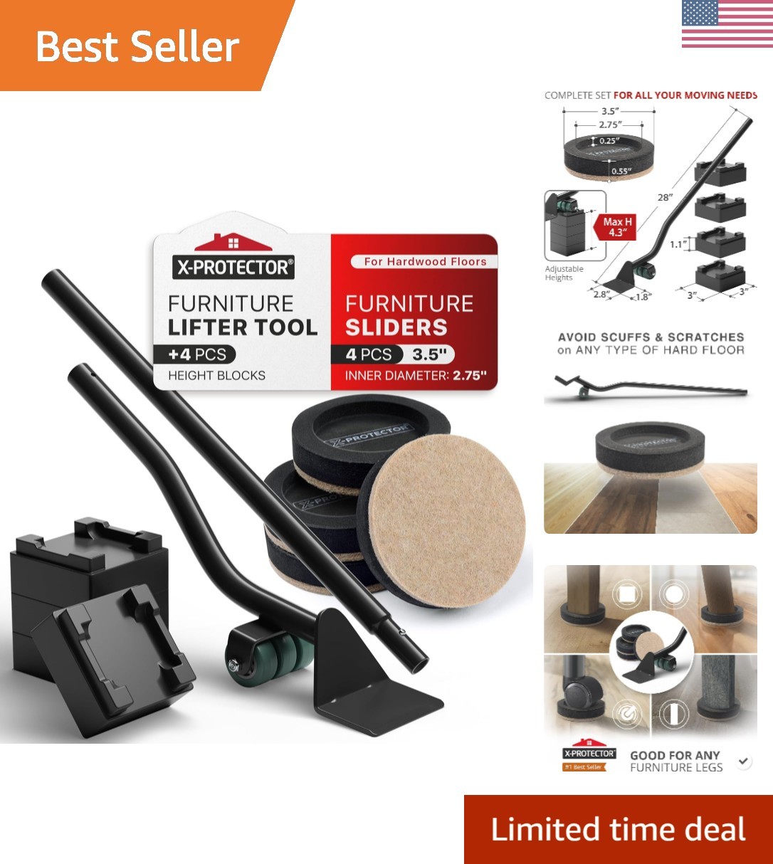 Felt Furniture Sliders for Hardwood Floors & Furniture Lifter Tool Set – 4 PC…