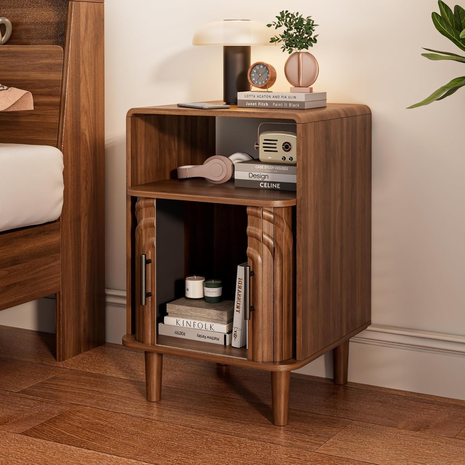Nightstand Set of 2, Small Bedside Table with Door, Fluted Side Table