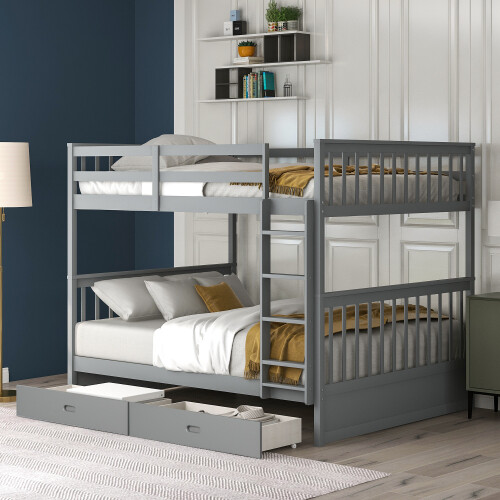 Full Over Full Bunk Bed W/ Storage Drawers Wood Platform Beds Bedroom Furniture
