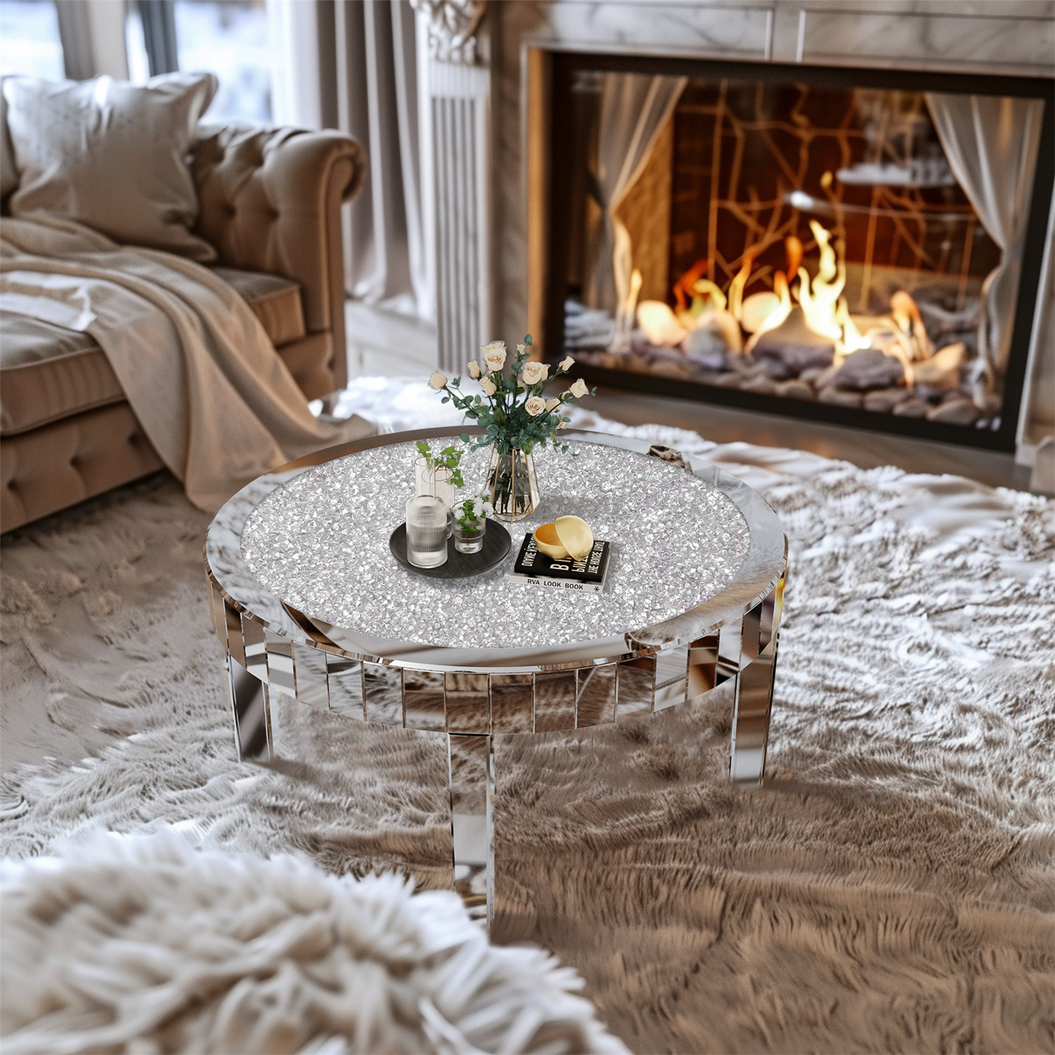 Shiny Silver Mirrored Coffee Table Mirror Crystal Inlay Round End Cocktail Table