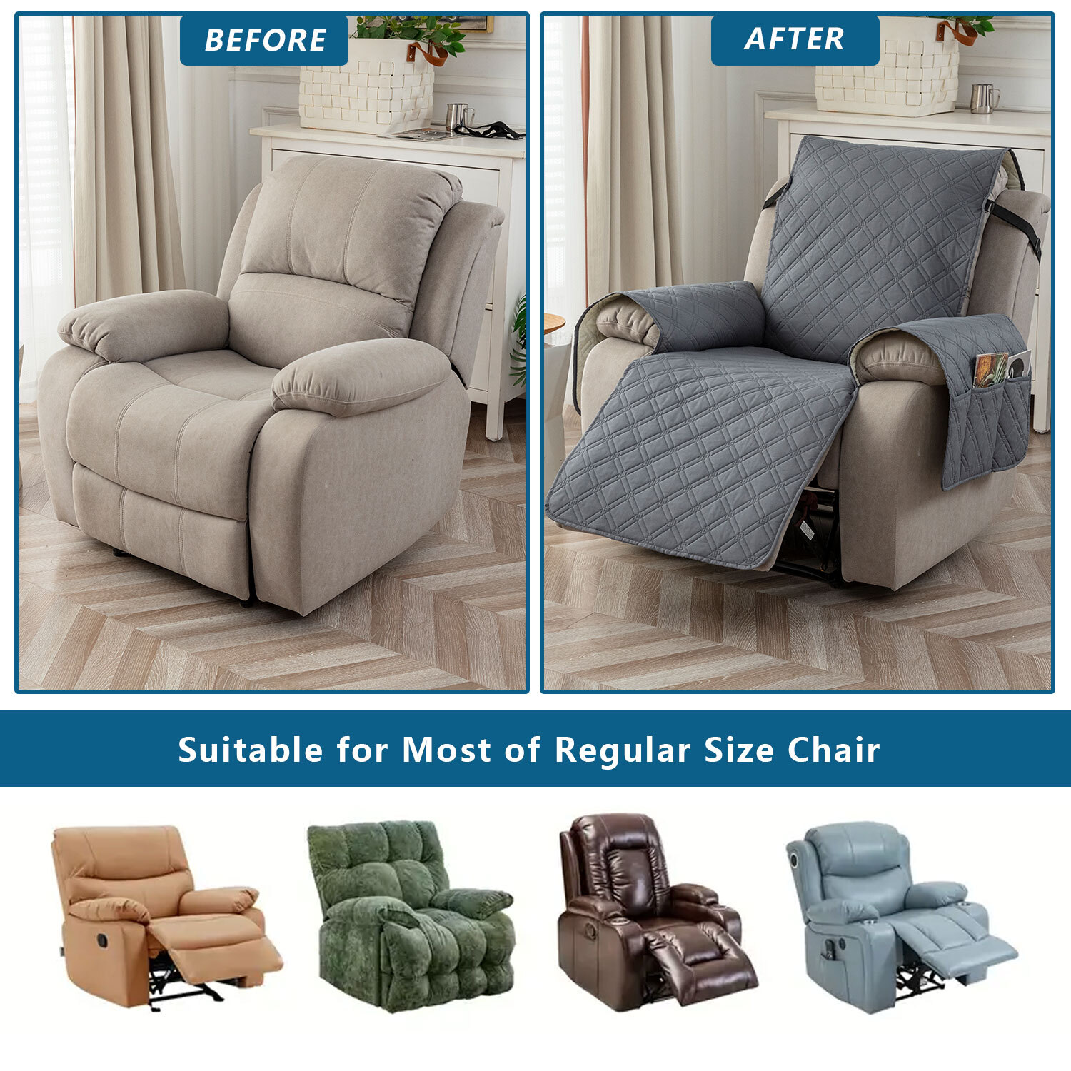 100% waterproof non-slip recliner cover with pockets, home decor protection