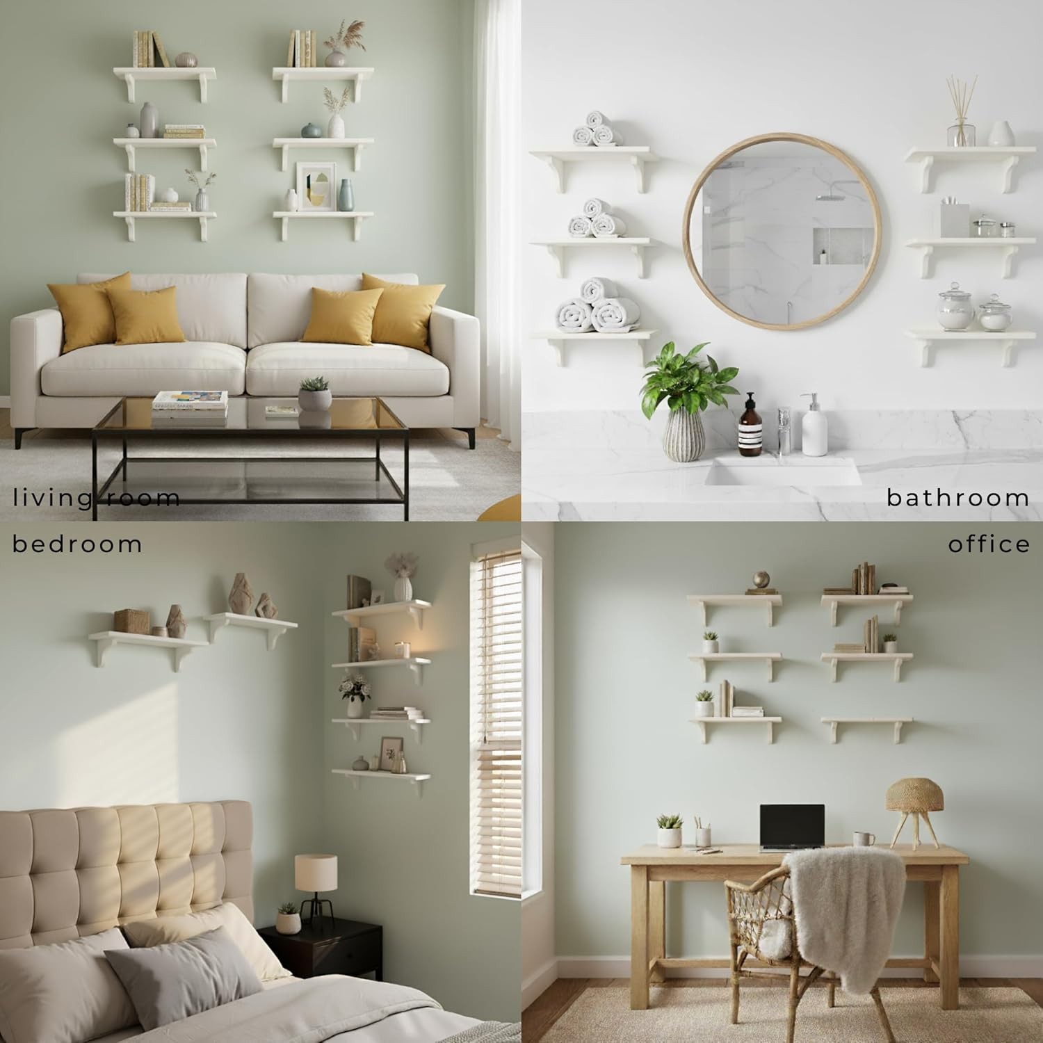 Real Wood White Bedroom Shelves – 17 inch (6 Pack) – Easy to Install, Template