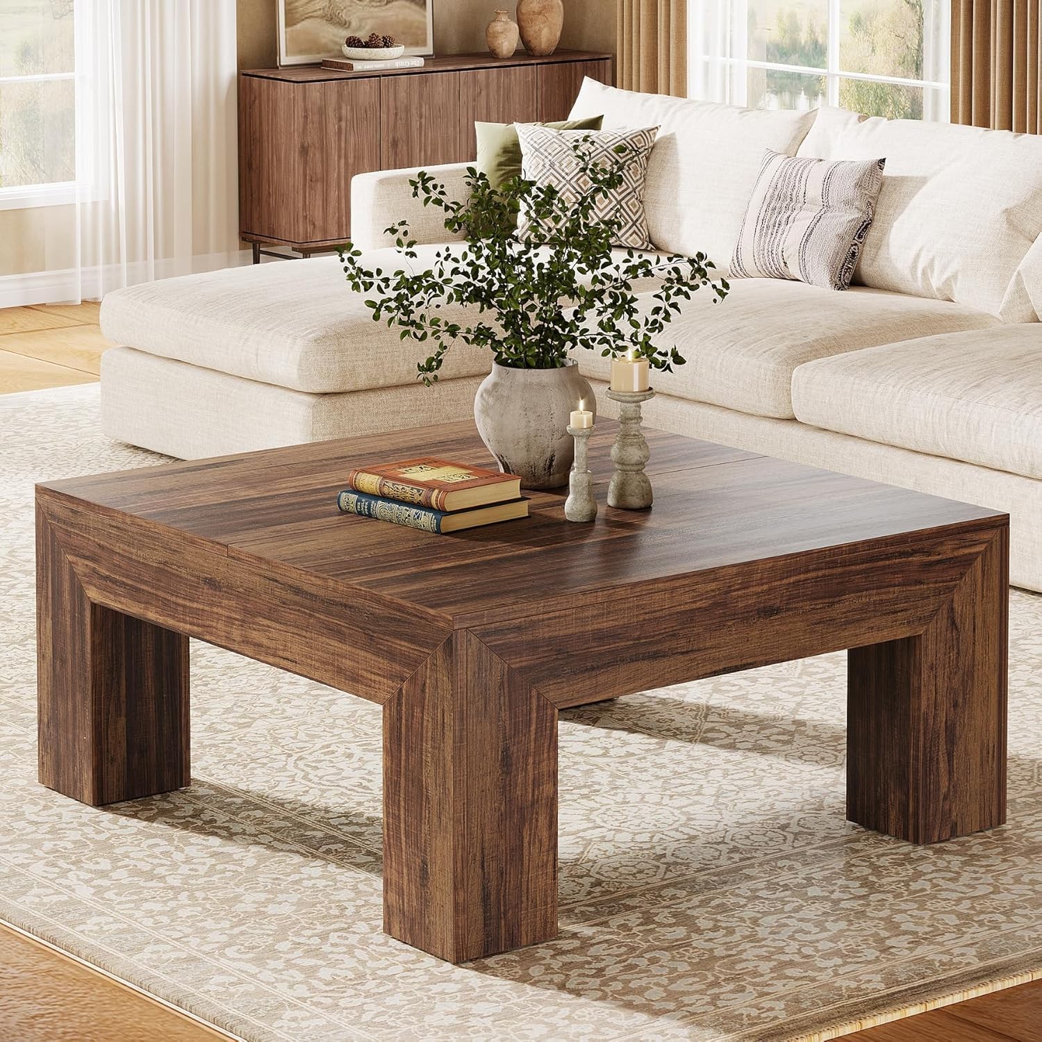 39.4-Inch Square Coffee Table for Living Room, Farmhouse Center Cocktail Table