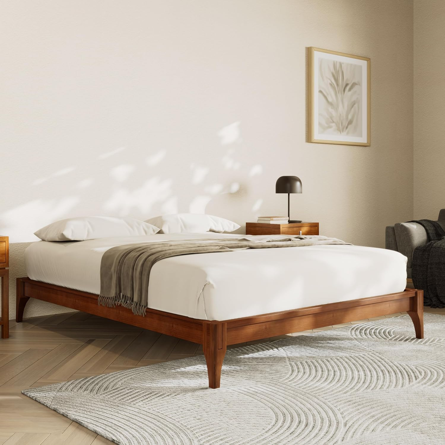 Modern Bamboo Japanese Joinery Queen Bed Frame, Tools Free, Brown | Mid-Century