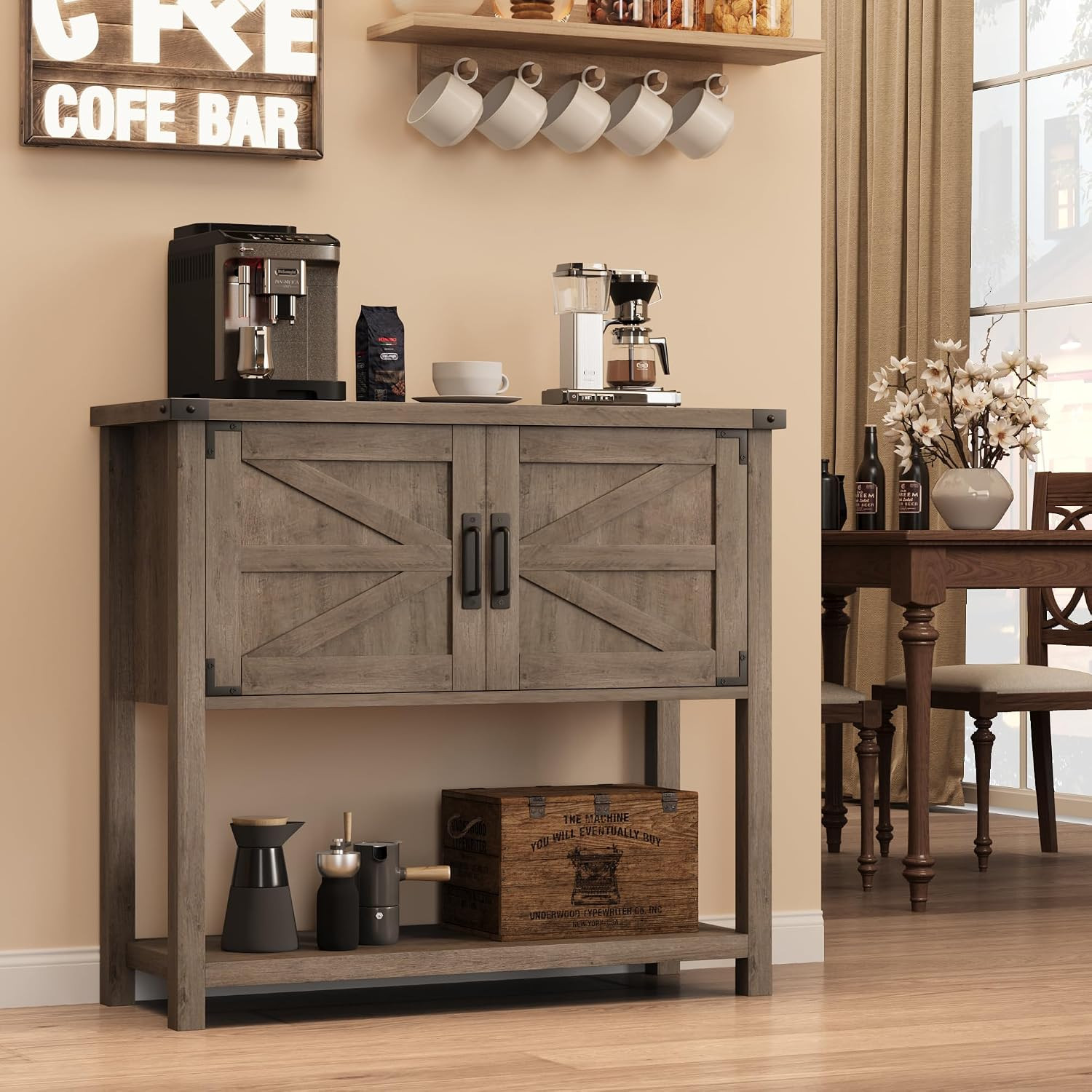 Gray Farmhouse Entryway Table with 2 Door Storage for Living Room & Kitchen