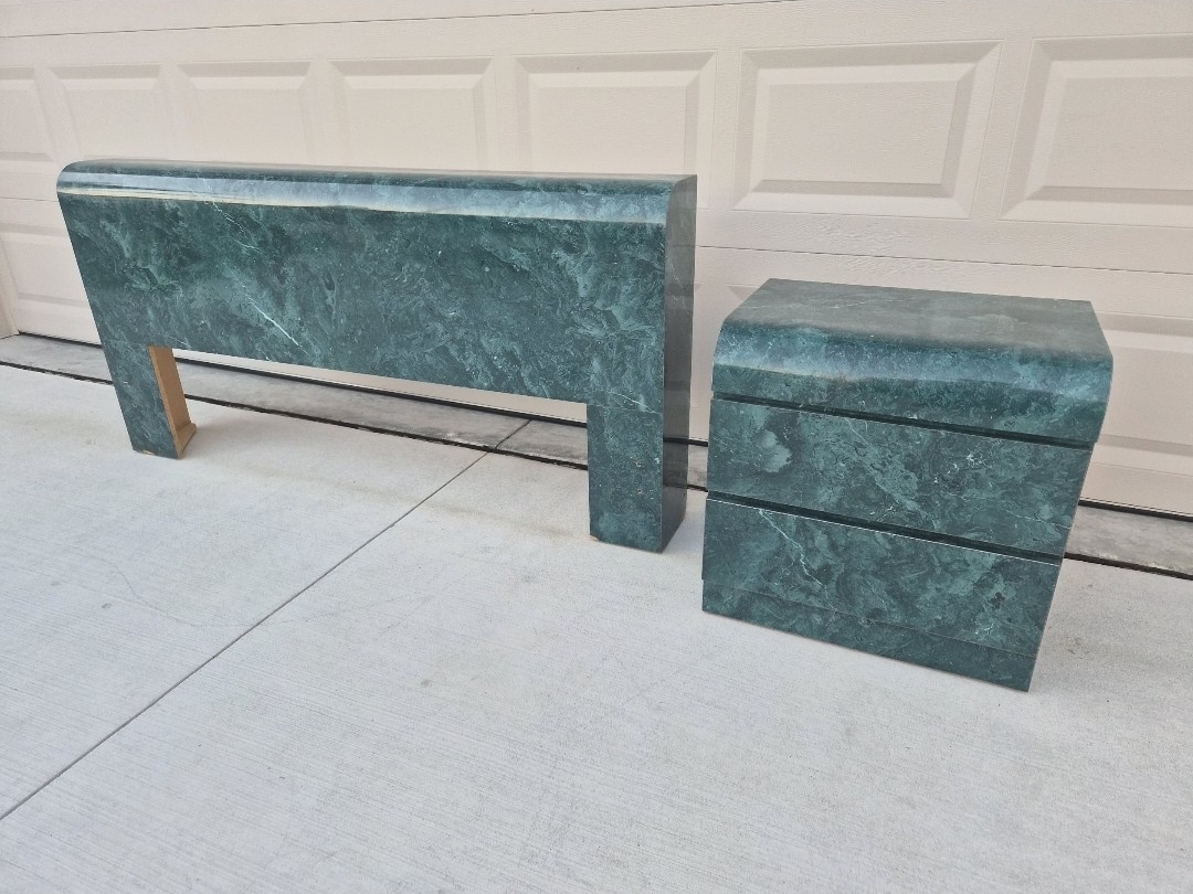 Postmodern GREEN 1980’s Waterfall Queen Headboard With One Nightstand
