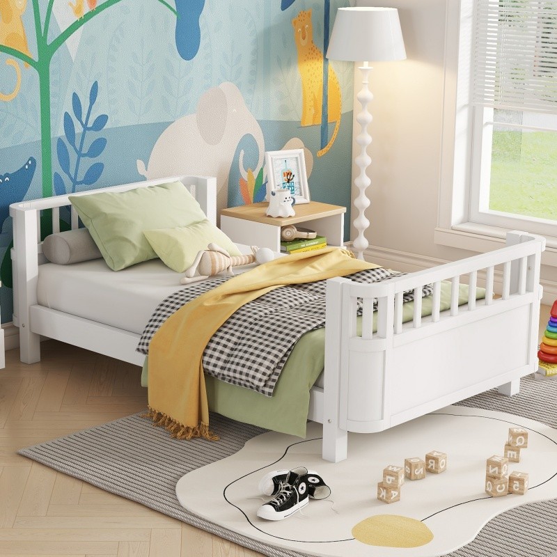 Twin Size Wood Platform Bed for Kids,Wood Low Profile Bed Frame with Rails White