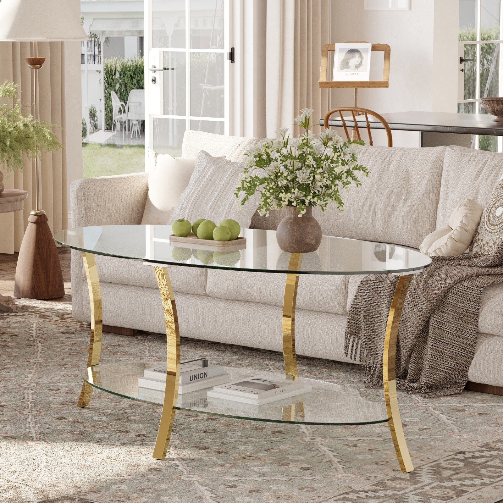 43.3″ Oval Glass Coffee Table Gold Metal Legs Tempered Glass