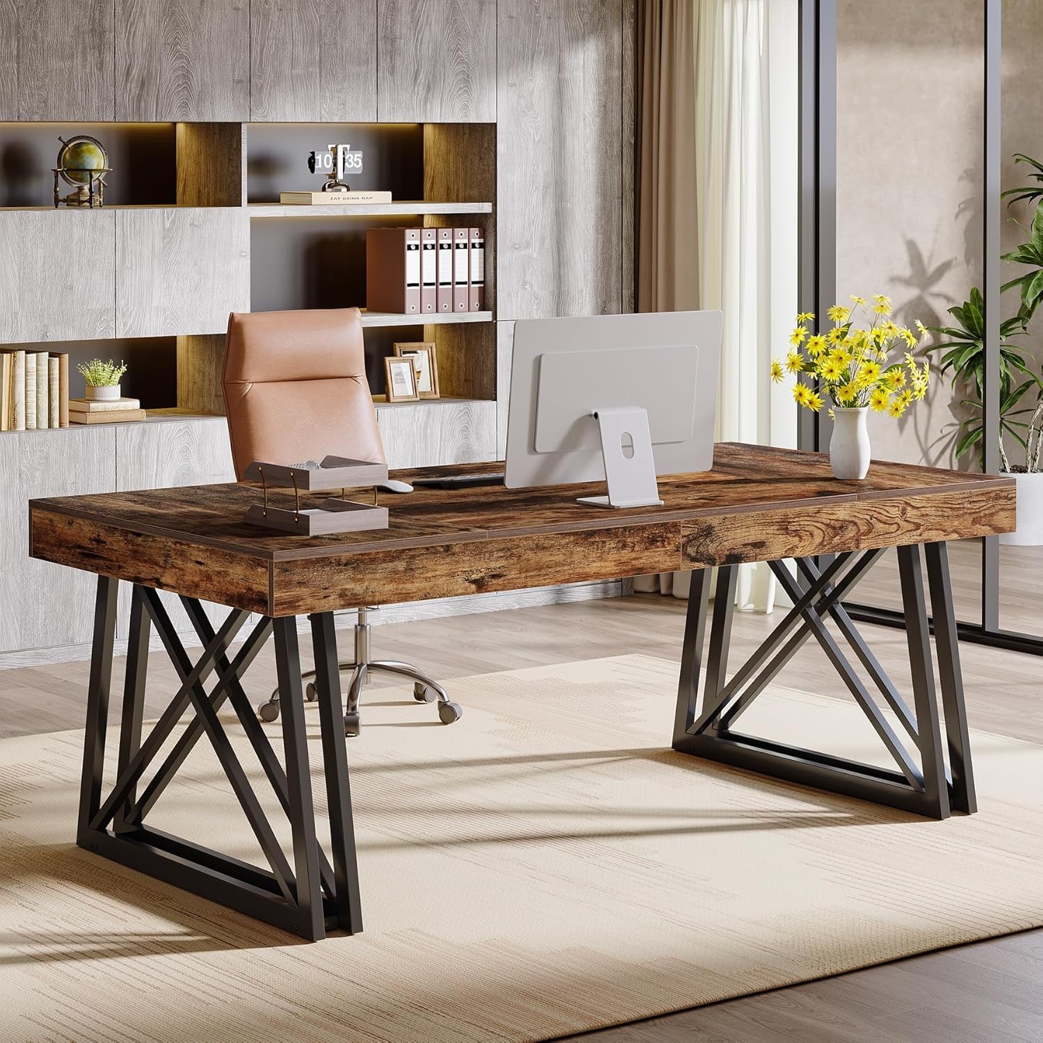 63-Inch Executive Desk, Farmhouse Office Computer Desk with Sturdy X-Shaped Legs