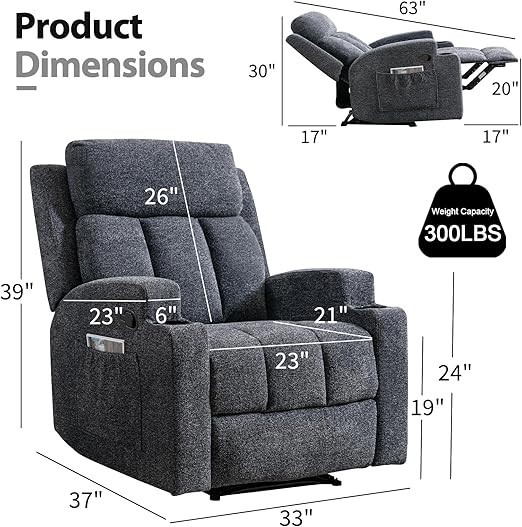 EBELLO Manual Recliner Chair w/ Massage & Heat Soft Fabric Home Theater Seating