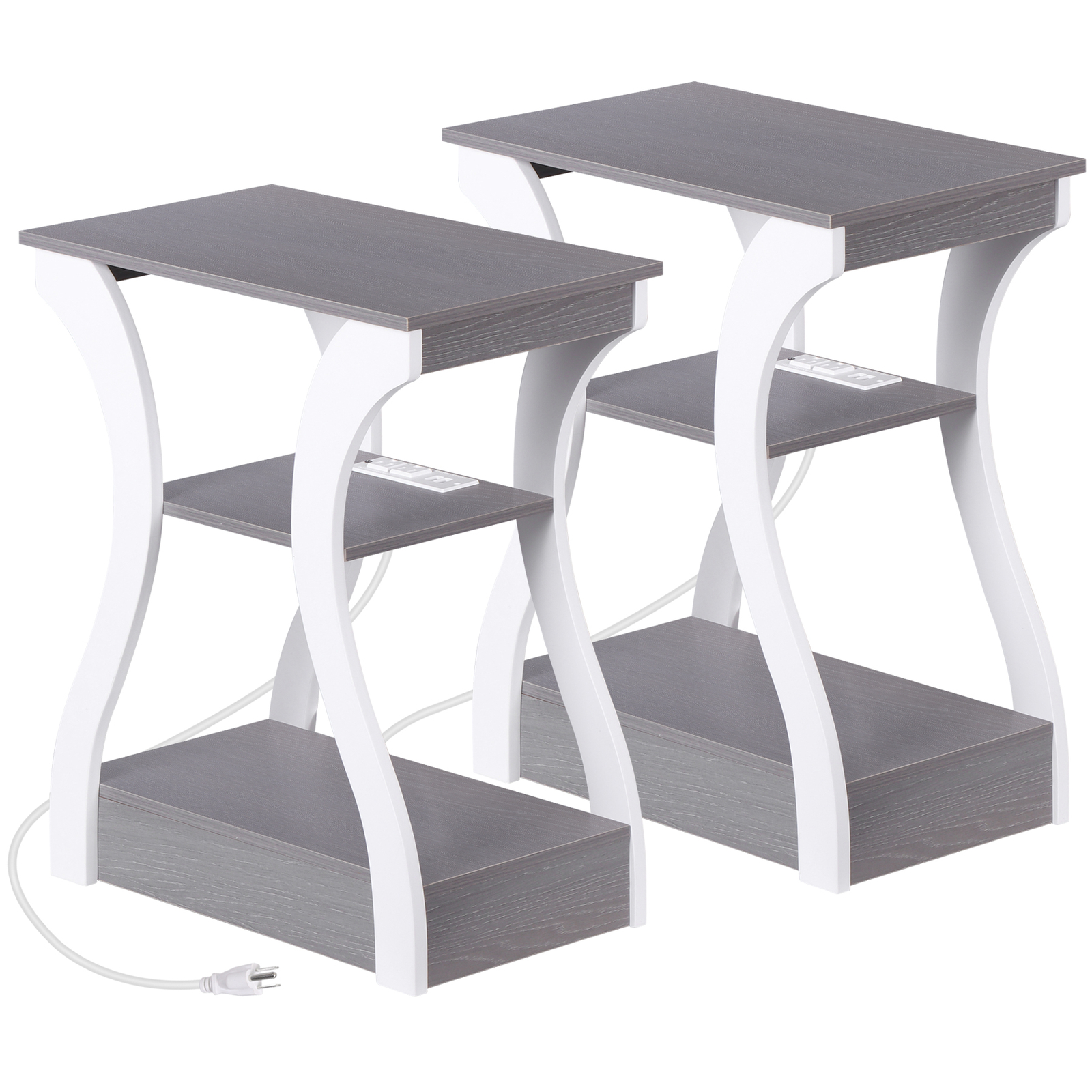 2PCS Side End Tables 3-Tier Storage Shelves for Small Space w/Outlet Grey+White