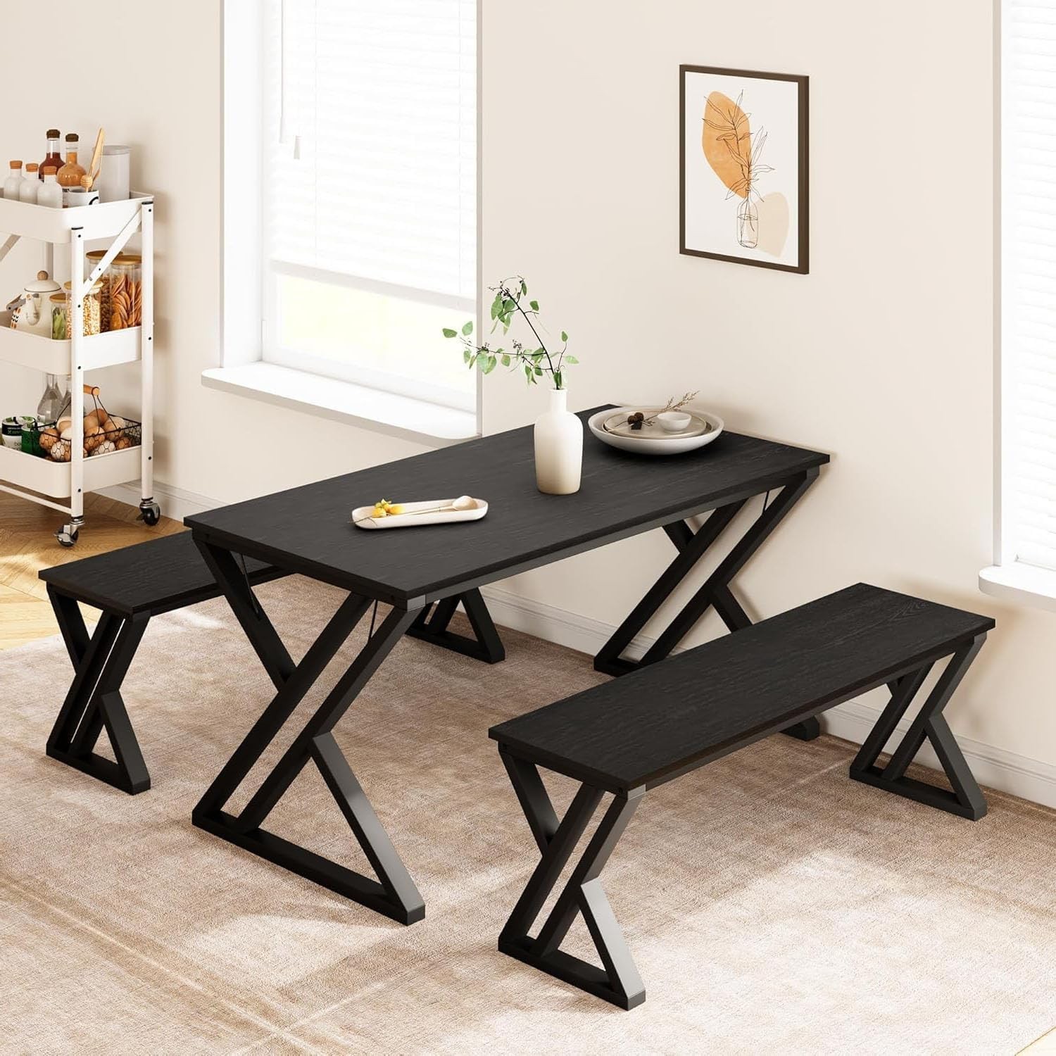 55″Dining Table Set for 4 Person Kitchen Table with 2 Benches Sturdy Metal Frame
