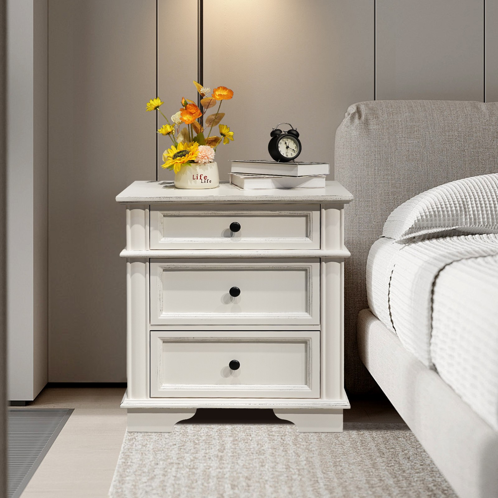 Farmhouse Nightstand Rustic Solid Wood End Side Table with 3 Drawer Storage