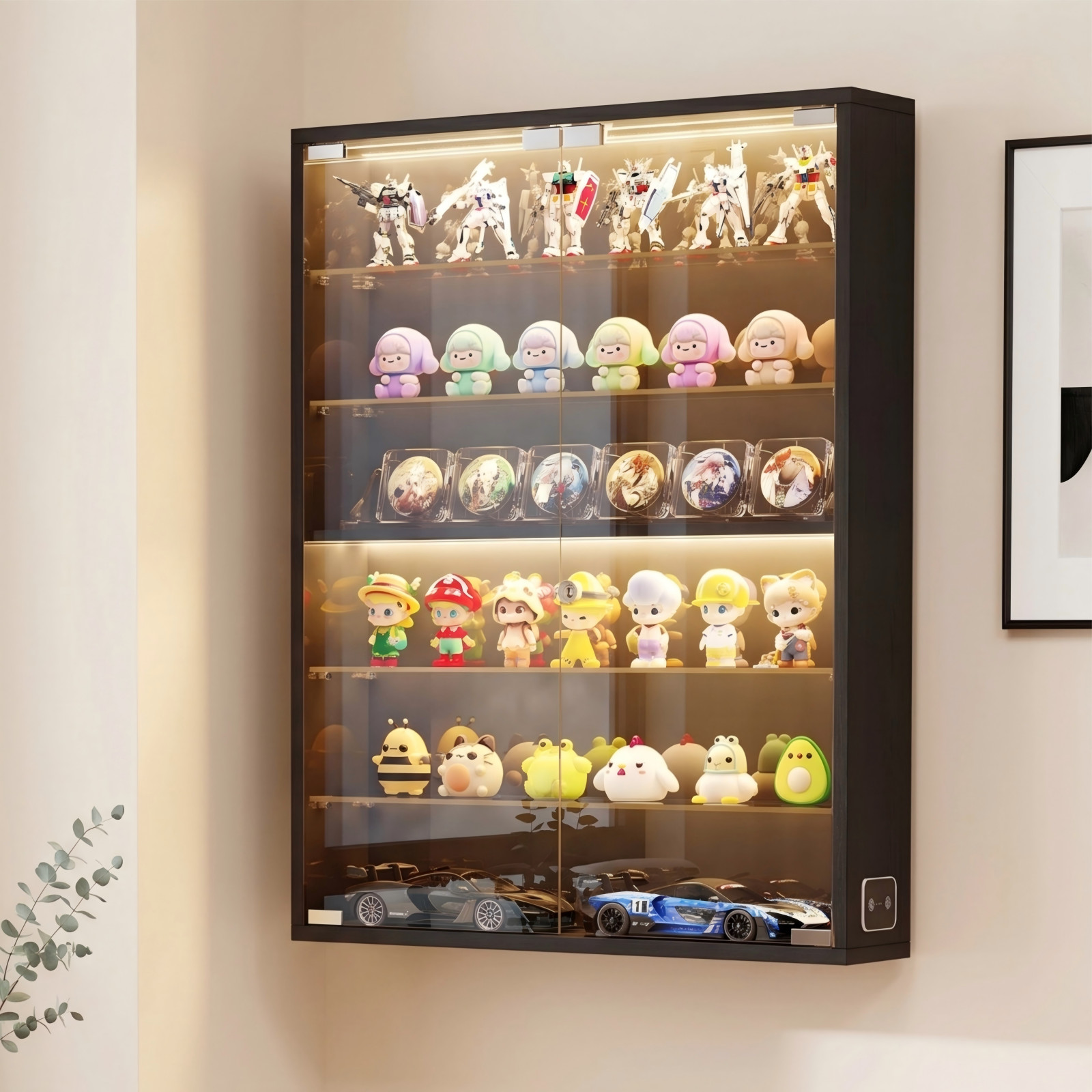 3-Color LED Lighted Display Cabinet, 6-Tier Wall-Mounted Showcase For Colletible