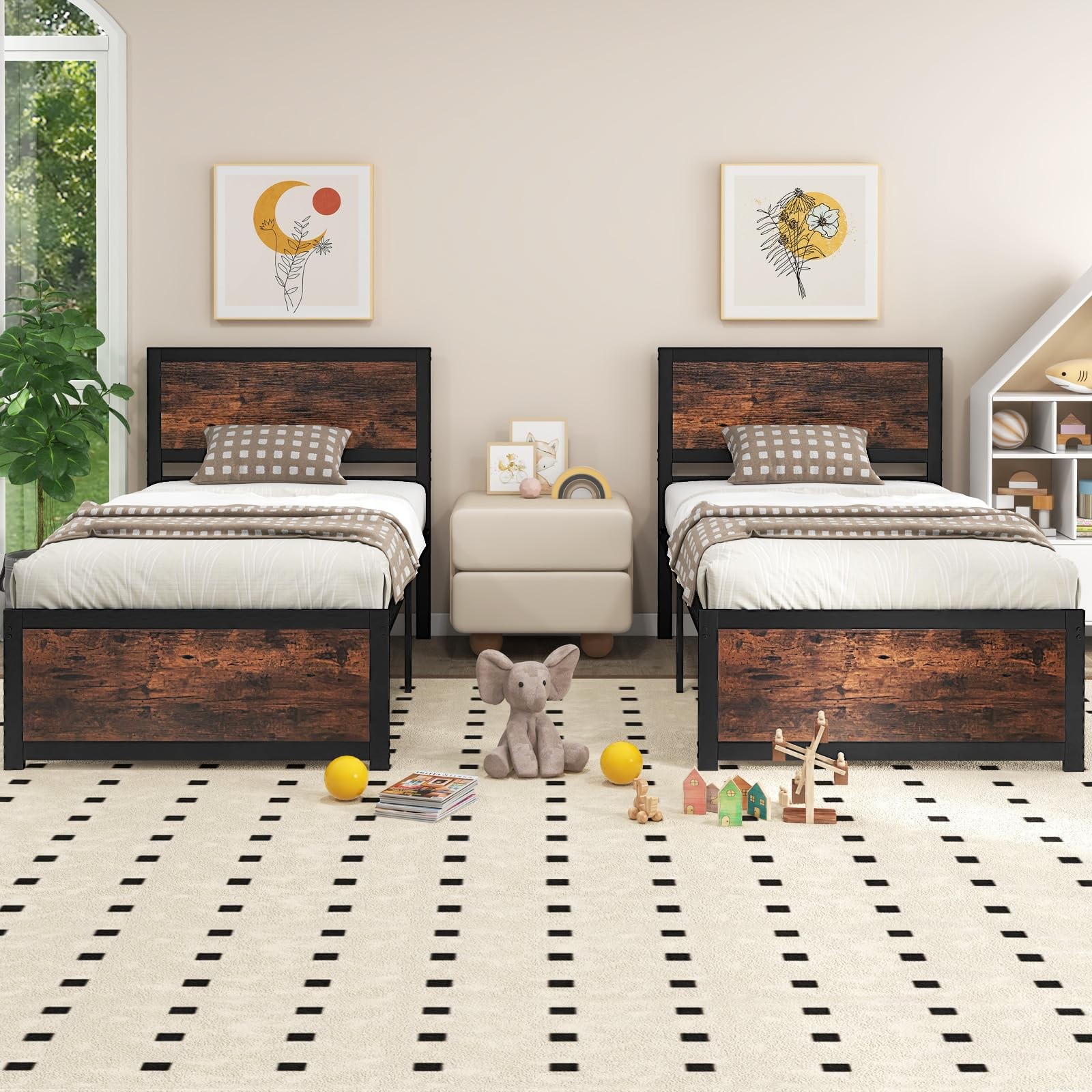 Twin Bed Frames for Kids, Industrial Metal Platform Bed with Headboard, Metal…