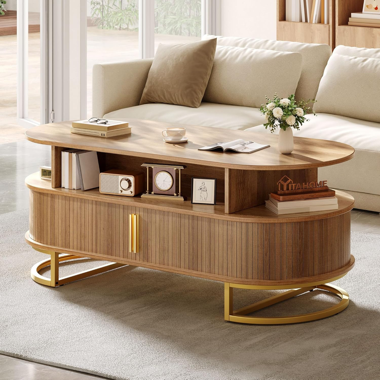 Coffee Table, Coffee Tables for Living Room with Sliding Doors & Large Storage,