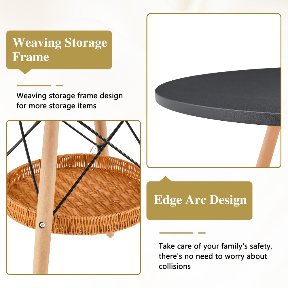 31.5″ black MDF round table w/ solid wood legs & woven basket. for 2-4 people