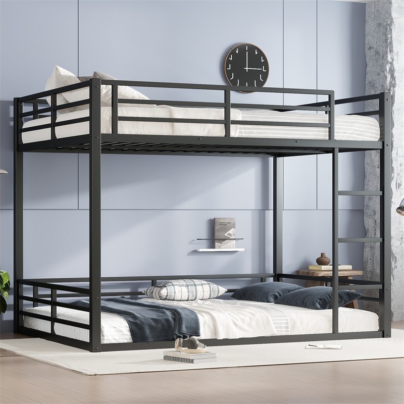 Queen Over Queen Metal Bunk Bed with Guardrails for Teens and Adults Bed Frame