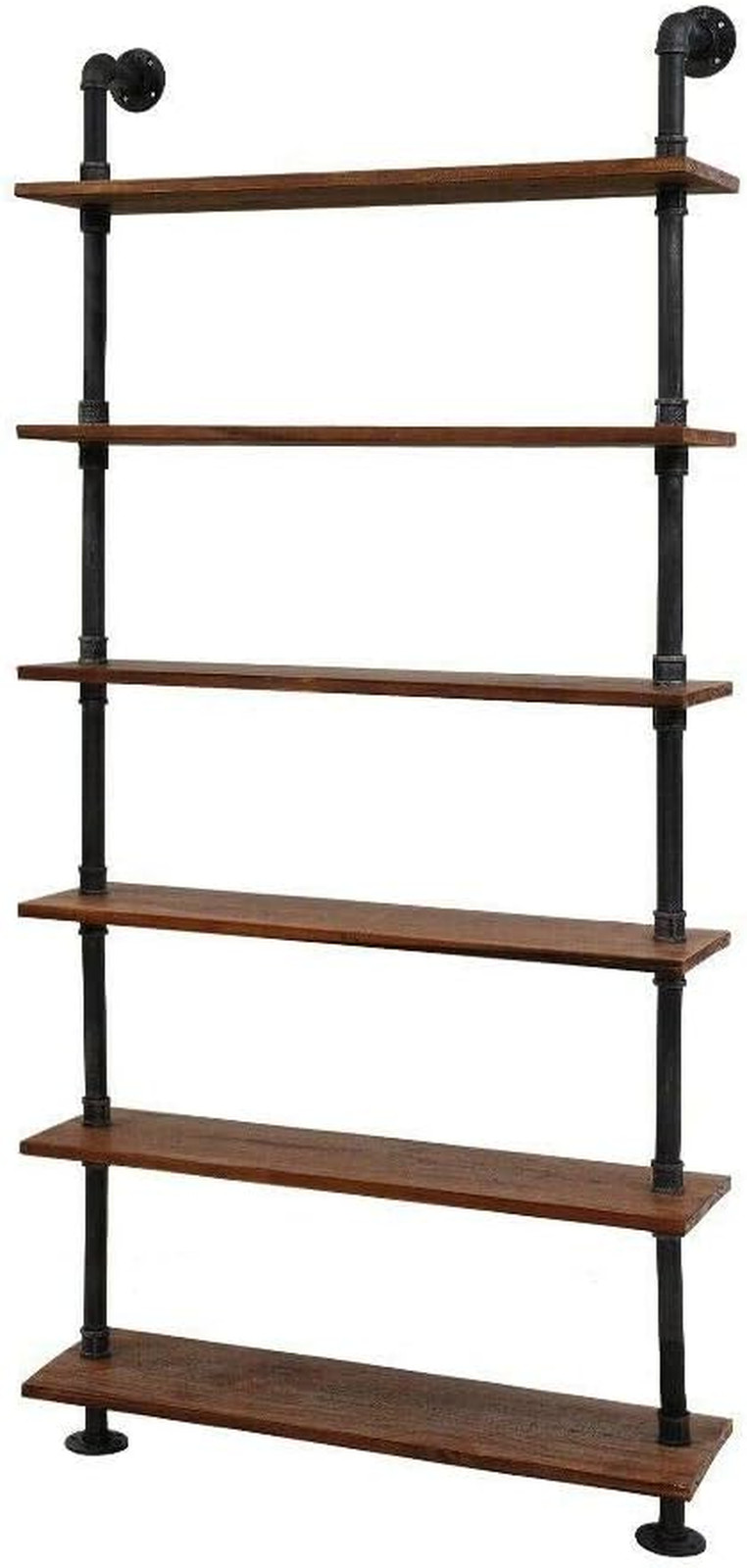 Rustic Industrial Pipe Bookshelf – 6-Tier Wooden Ladder Shelf with Metal Frame