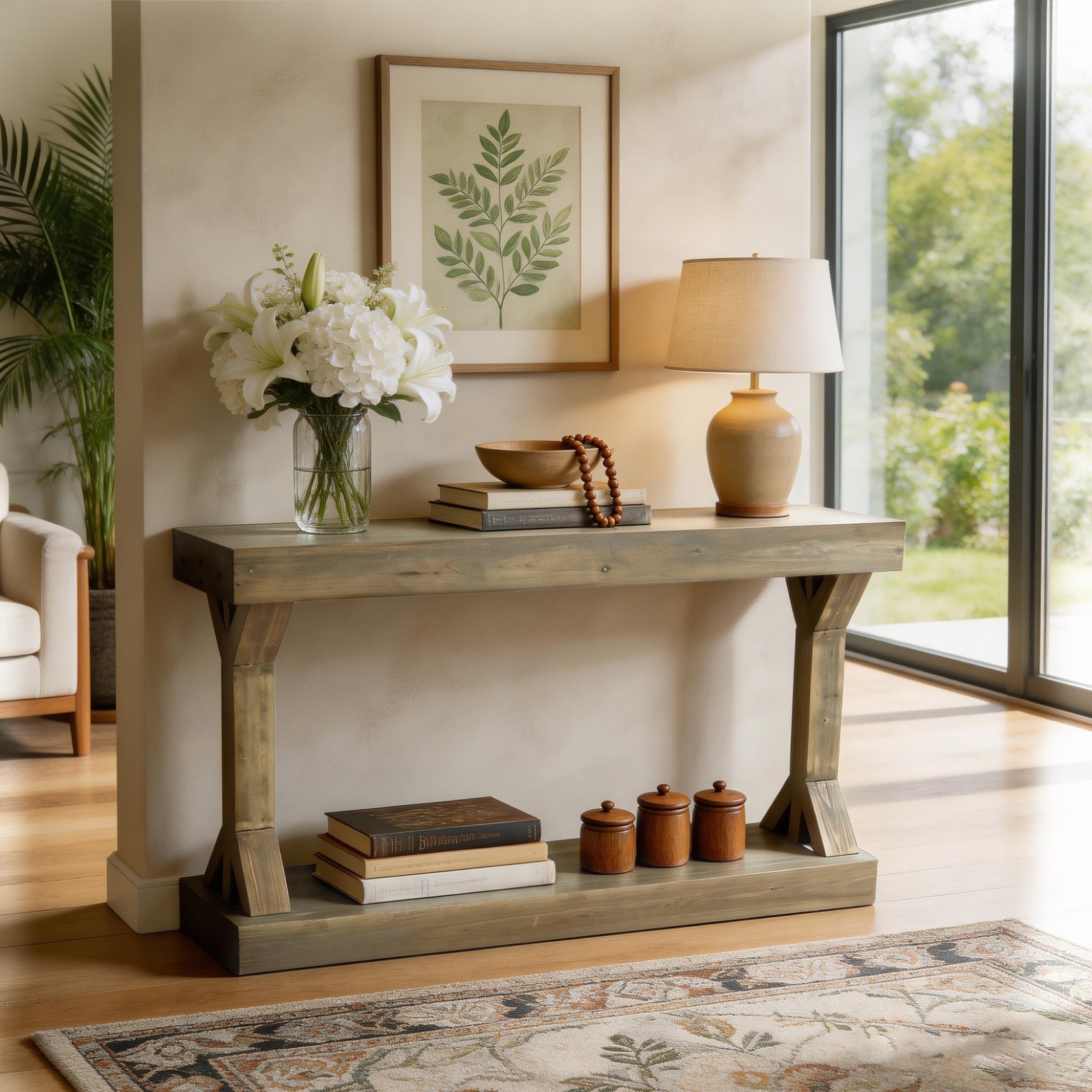 Long Solid Wood Console Table Rustic Farmhouse Entryway Sofa Table with Shelf