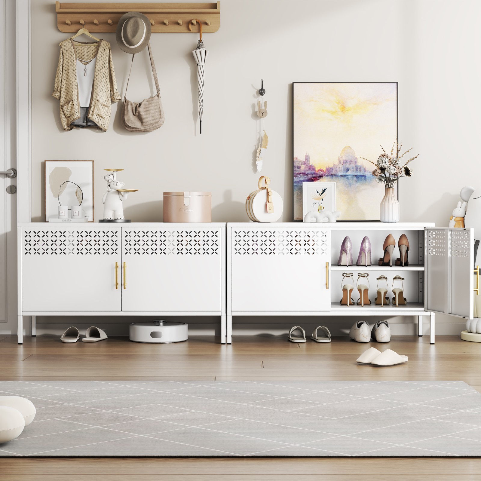 43.3″ Metal TV Stand,Shoe Storage with Adjustable Shelves,Living Room Coffee Bar