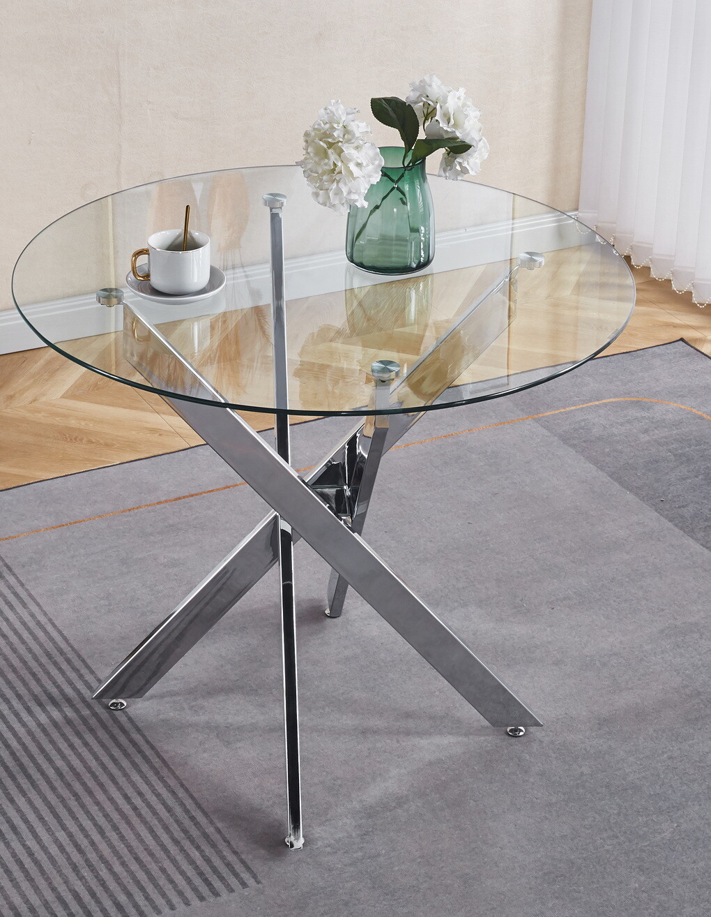 35.43″ Round Tempered Glass Dining Table Home Kitchen Table W/ Silver Metal Legs