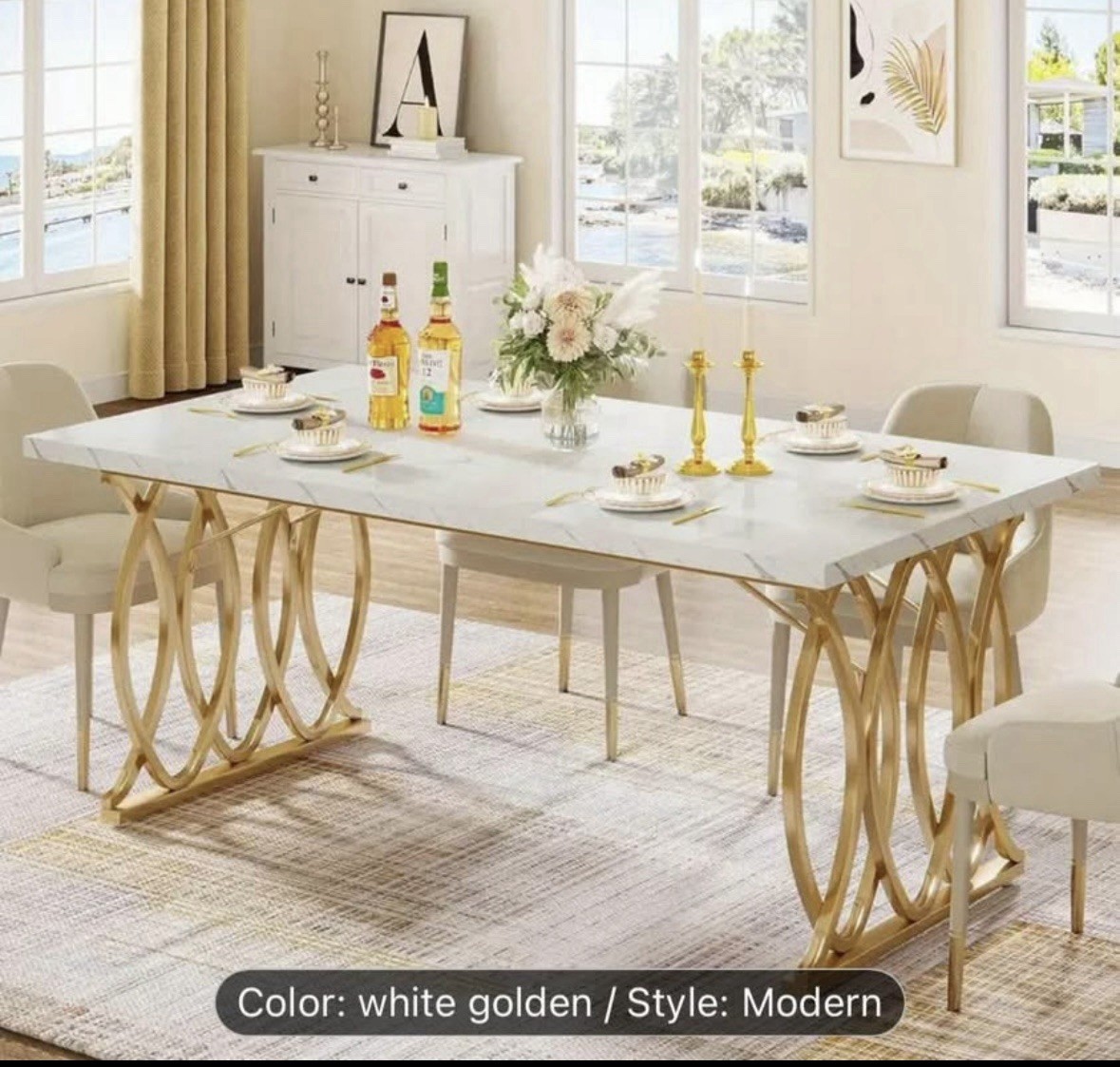 Modern White & Brushed Gold Dining Table, 63″ for 4-6 People NEW IN BOX