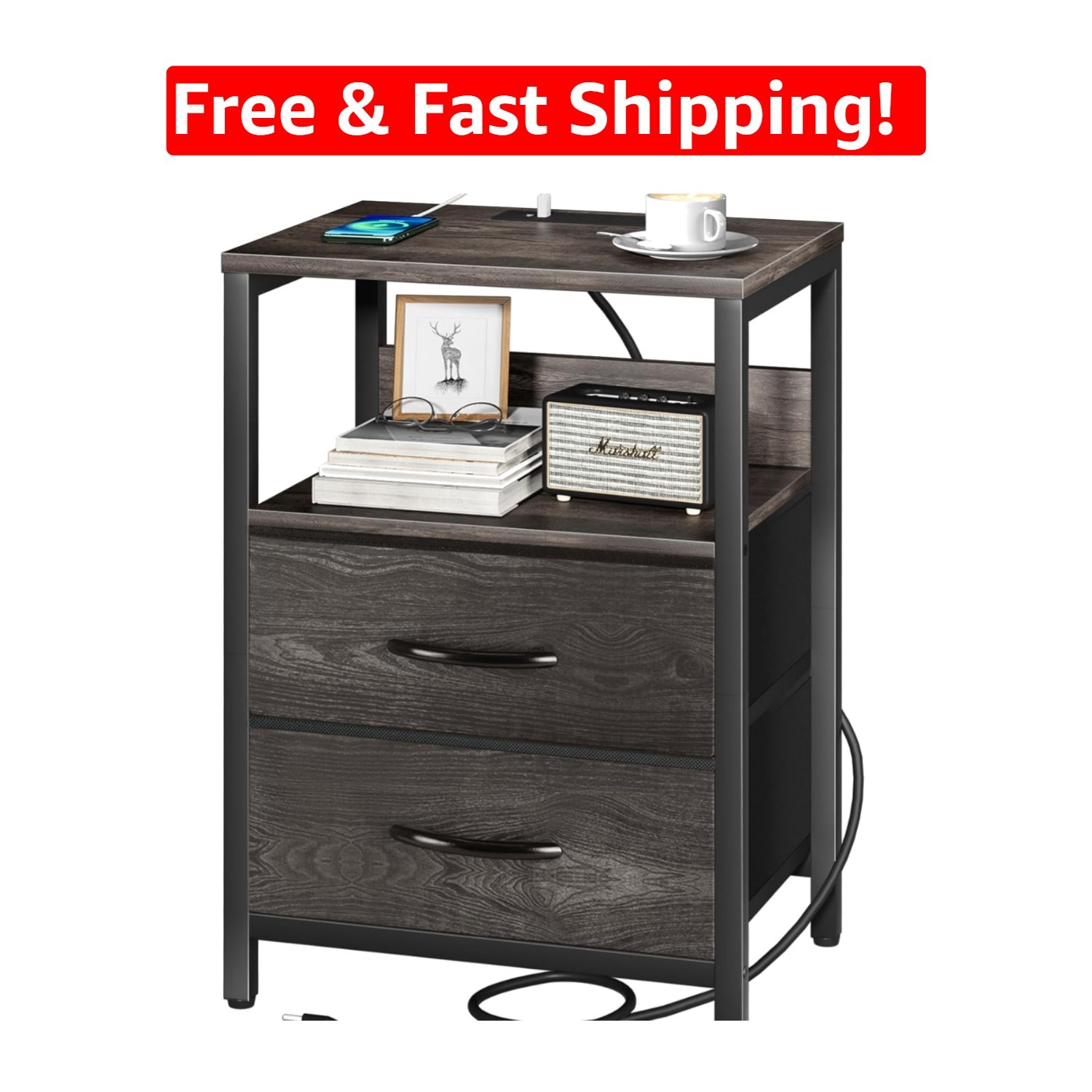 Matte Charcoal Gray Nightstand with Charging Station for Seamless Organization