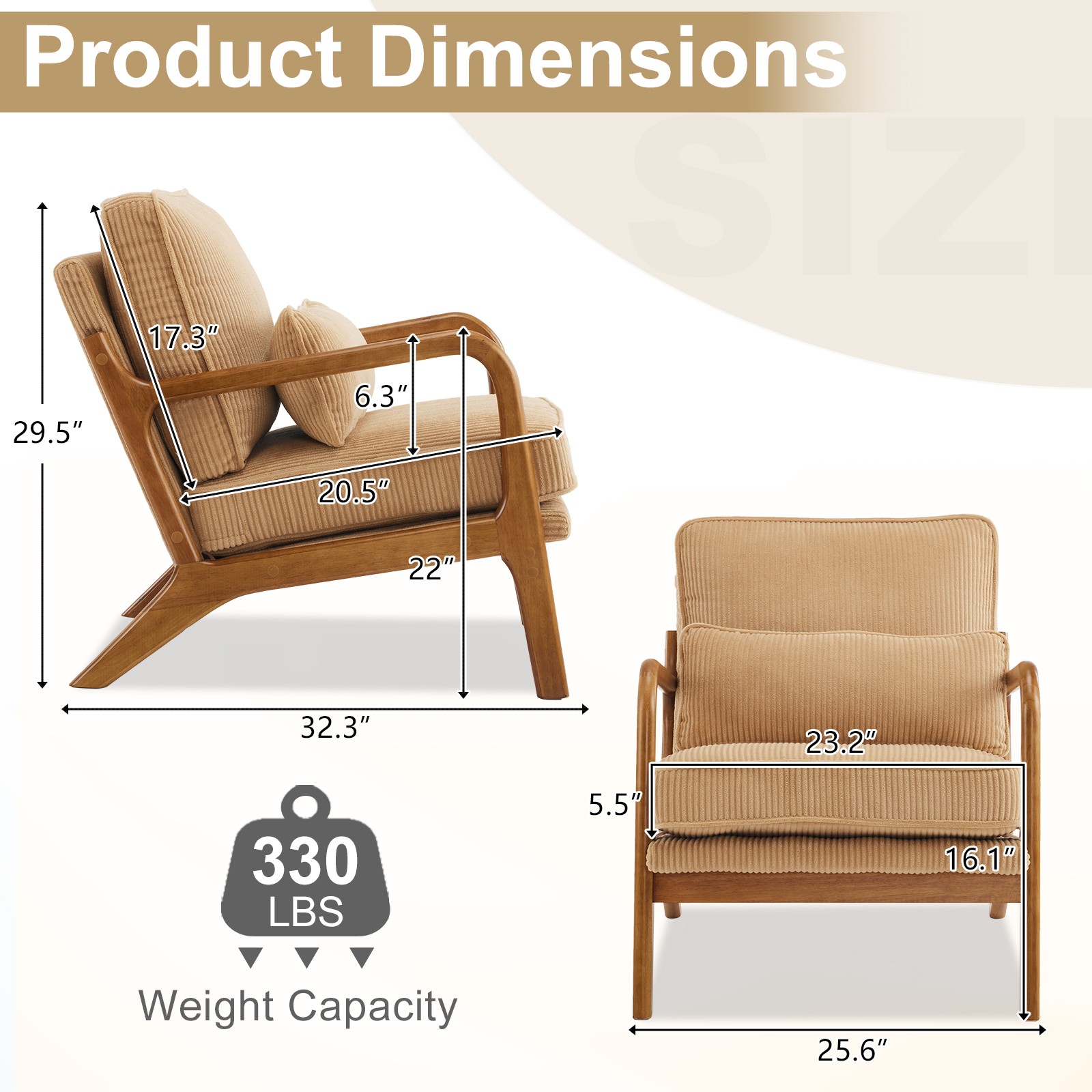 Khaki Corduroy Upholstered Indoor Lounge Chair (330LBS Weight Capacity)