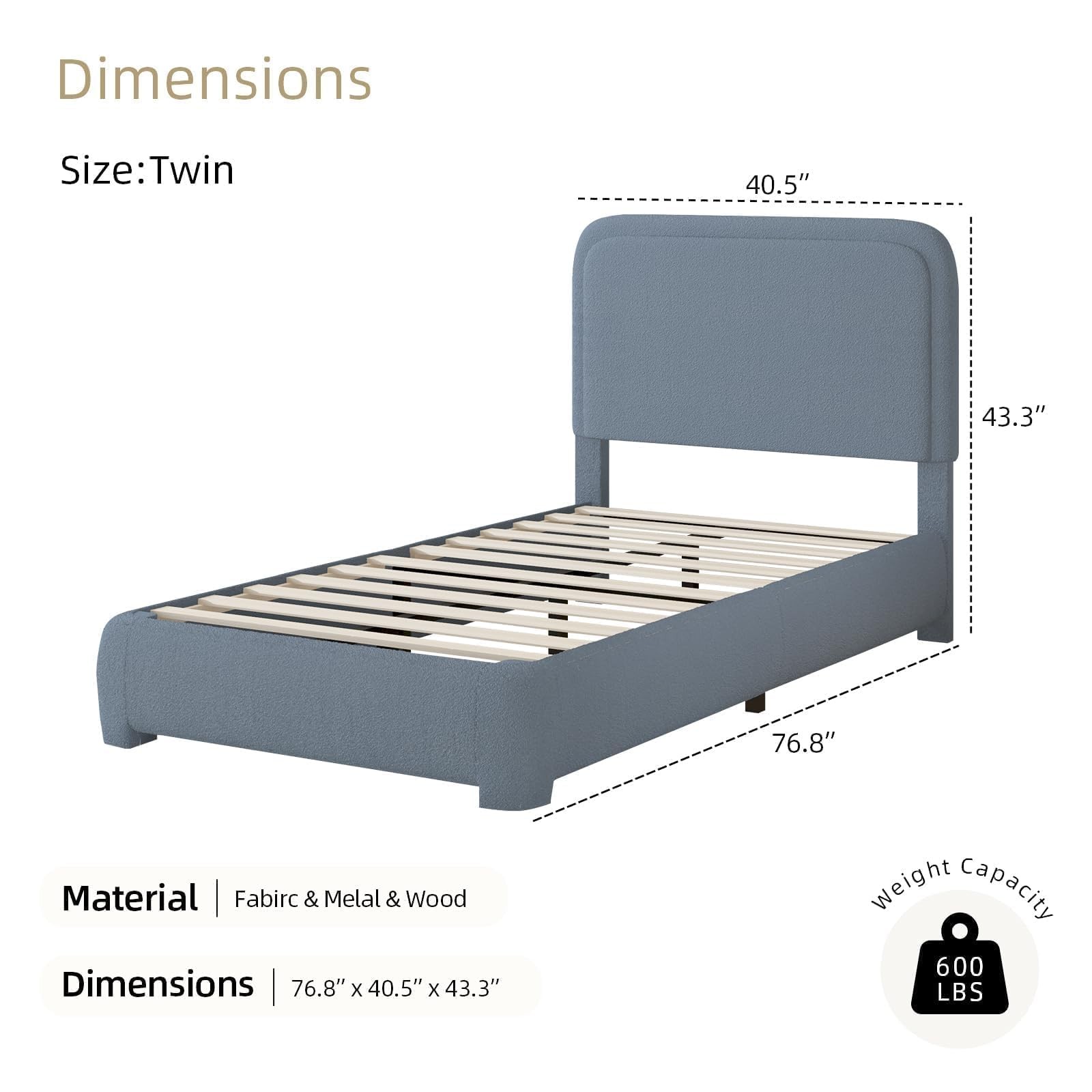 Twin Bed Frames with Headboard,Cloud Boucle Upholstered Platform Bed,e