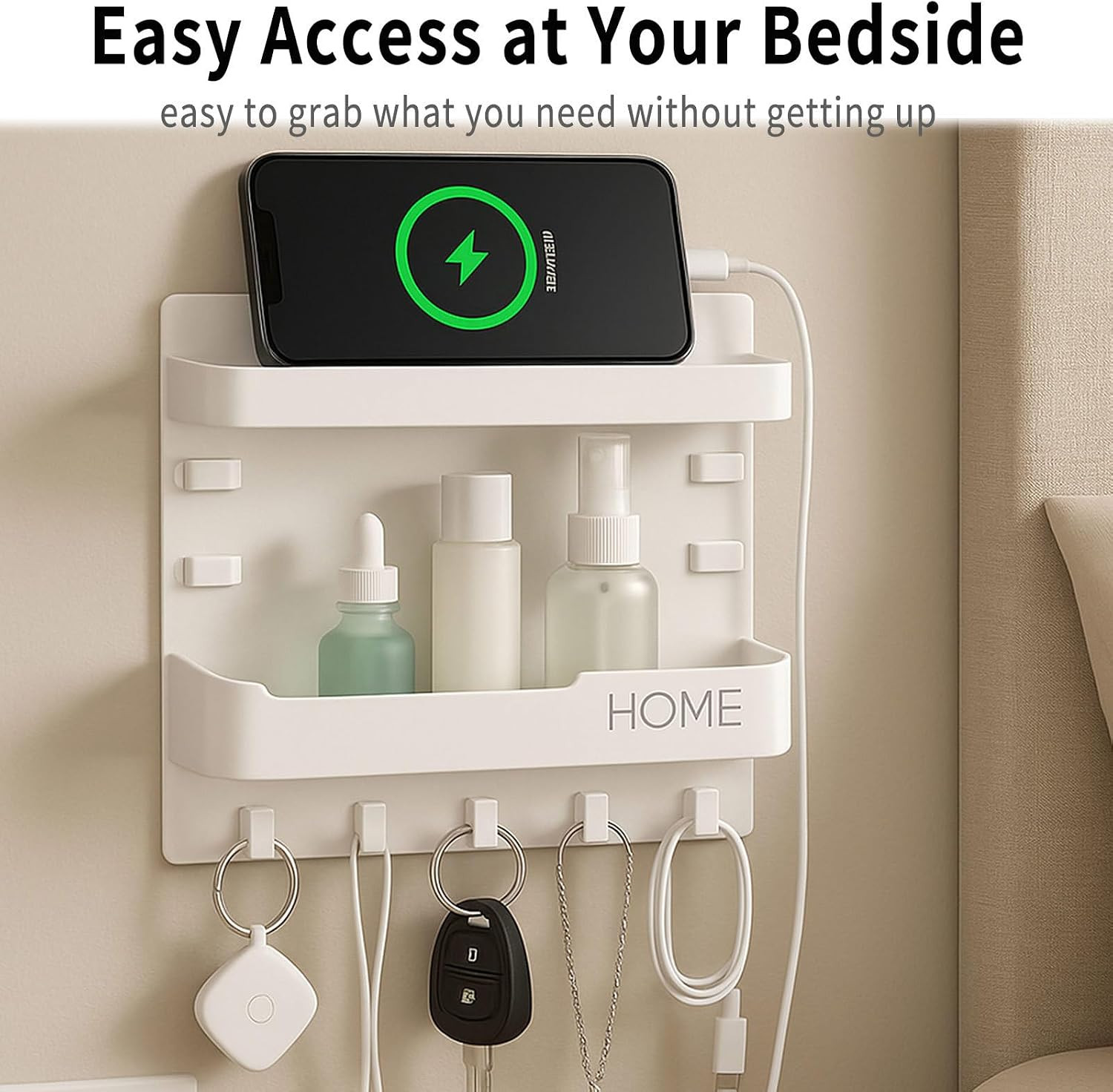 Bedside Wall Shelf Organizer with 5 Hooks & Cable Clips, Plastic Adhesive Wall M