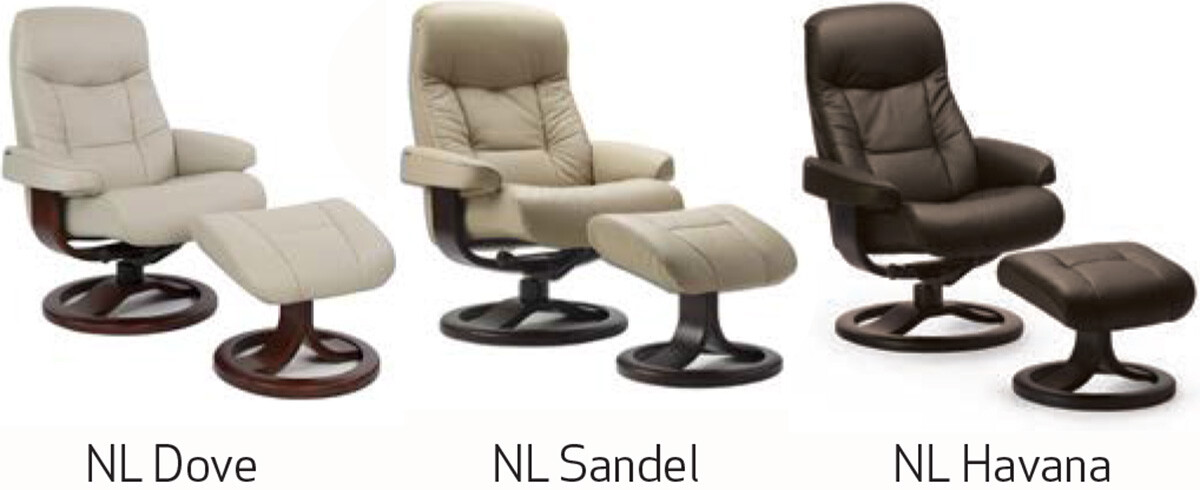 Fjords Muldal Large Recliner Chair + Ottoman – Blue Leather – Walnut Wood Stain