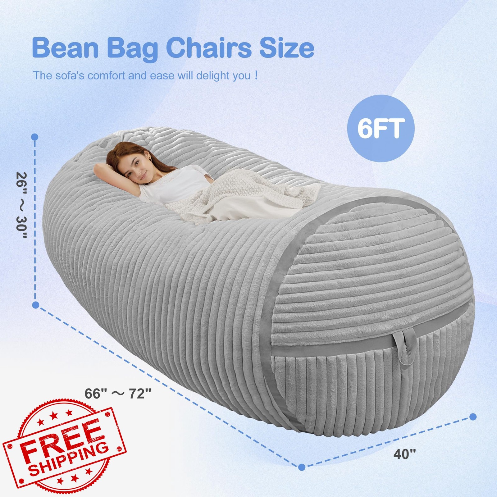 HABUTWAY Bean Bag Chair 6FT, Light Grey Faux Fur, Memory Foam