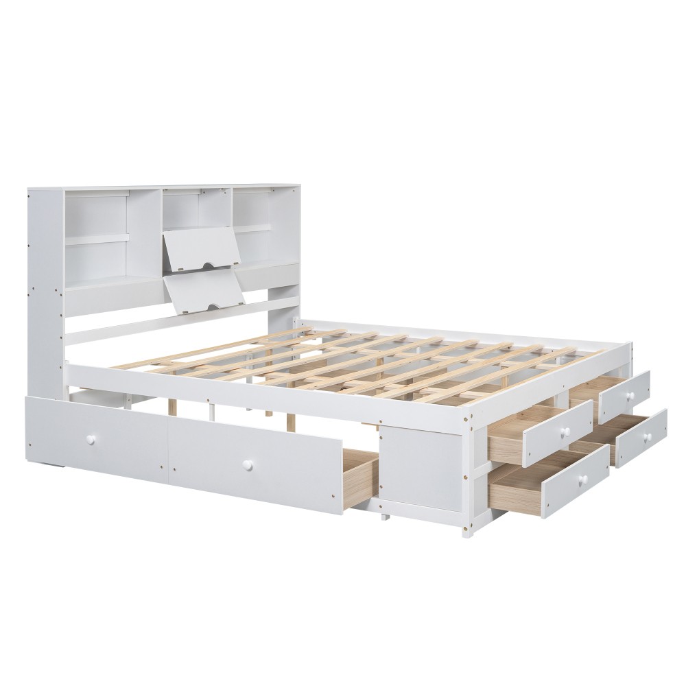 King Size Platform Bed with Storage Headboard and 8 Drawers, White / Gray