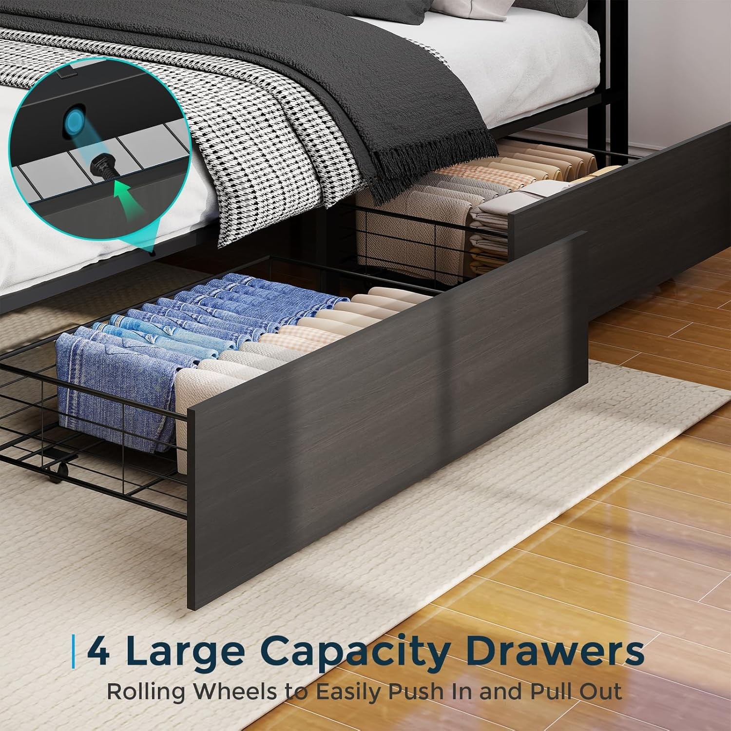 Full Queen King Size Metal Platform Bed Frame w/ LED Lights,4 Drawers,Headboard