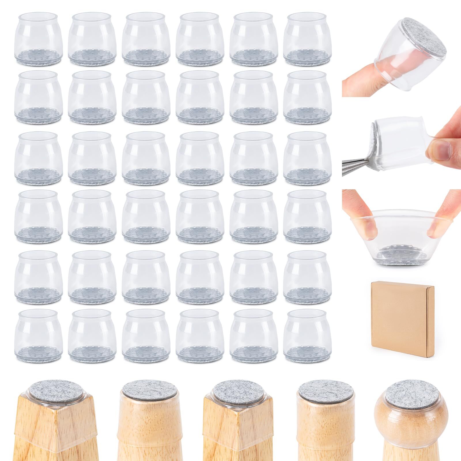 36Pcs, Silicone Chair Feet covers to Protect Floors, (Clear, Large Fit: 1.3–2”)