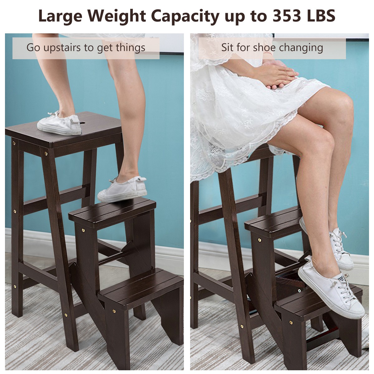3 Tier Step Stool 3 in 1 Folding Ladder Bench Storage Shelf Brown