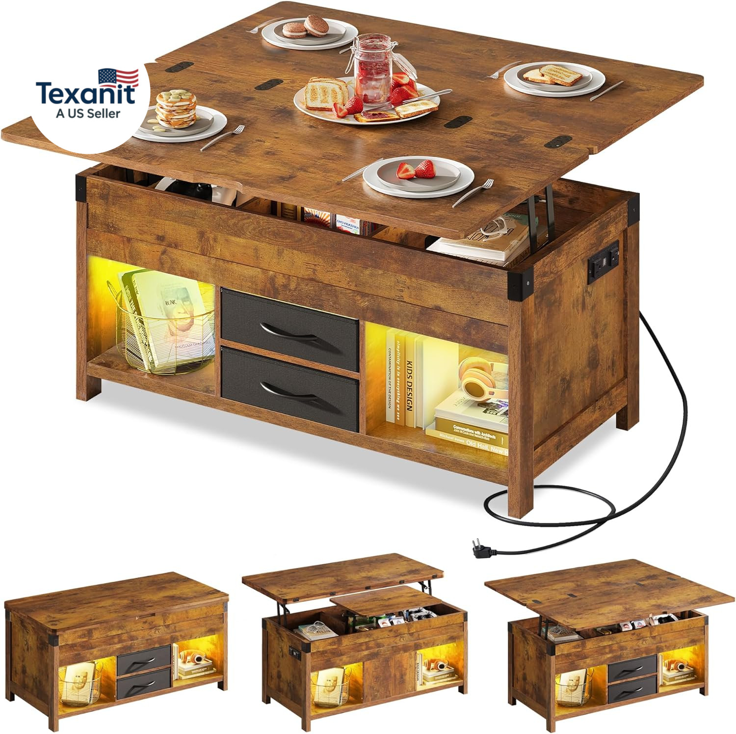 40″ Lift Top Coffee Table, 4 in 1 Coffee Tables with Storage, 2 Fabric Drawers,