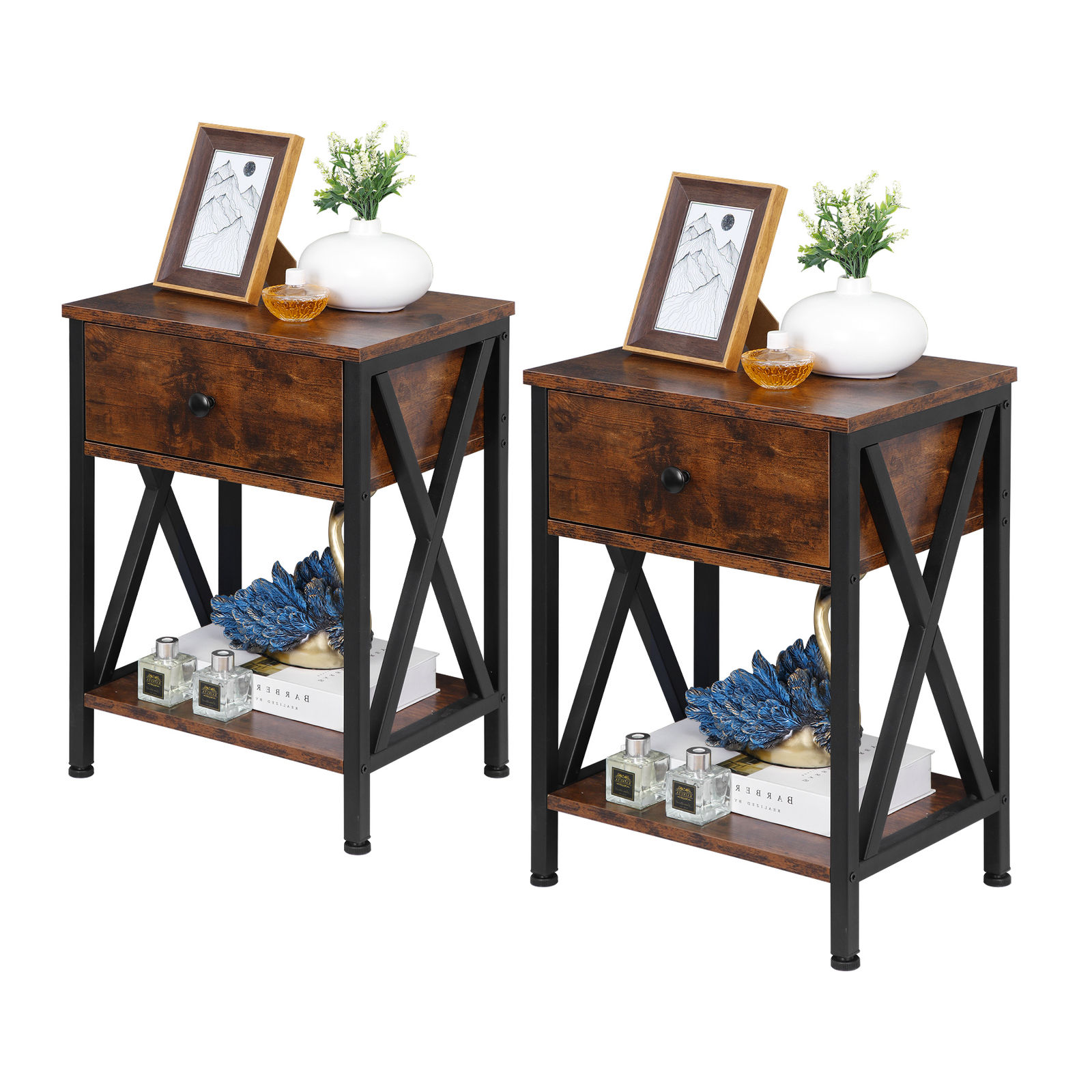 2 Set of End Tables X-Shaped Wooden Accent Sofa Side Table Drawer Open Shelf